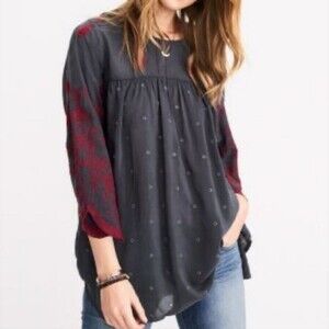 Johnny Was Rose Stitch Blouse #C14618-4 Embroidered Red & Navy